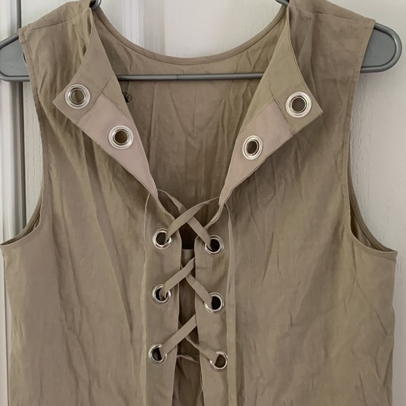 Theory Keshelle Lace-Up Back Shift Dress linen blend‎ size 8 sand color midi - Picture 9 of 10